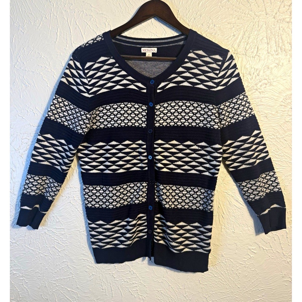 Merona Women's Small Navy Cream Geometric Knit Button Front Cardigan Sweater